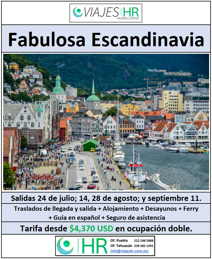 Para viajeros que buscan las mejores panorámicas de la naturaleza con fiordos, lagos, bosques, montañas y ciudades de ensueño: ‘Fabulosa Escandinavia’. 11 días de viaje por Copenhague, Oslo, Eidfjord, Bergen, Hemsedal y Estocolmo.

Informes en:
VIAJES HR
¡Viajemos Juntos!