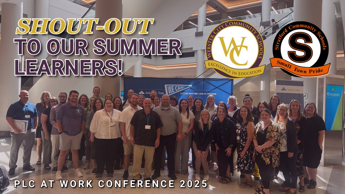WCDistrict's tweet photo. Shout-out to Webster City &amp; Stratford staff who attended this summer’s PLC at Work conference!

These educators dedicated part of their summer break to diving deeper into professional learning communities. Thank you for your commitment to collaboration &amp; student success! 👏 https://t.co/26DNfyUlsi
