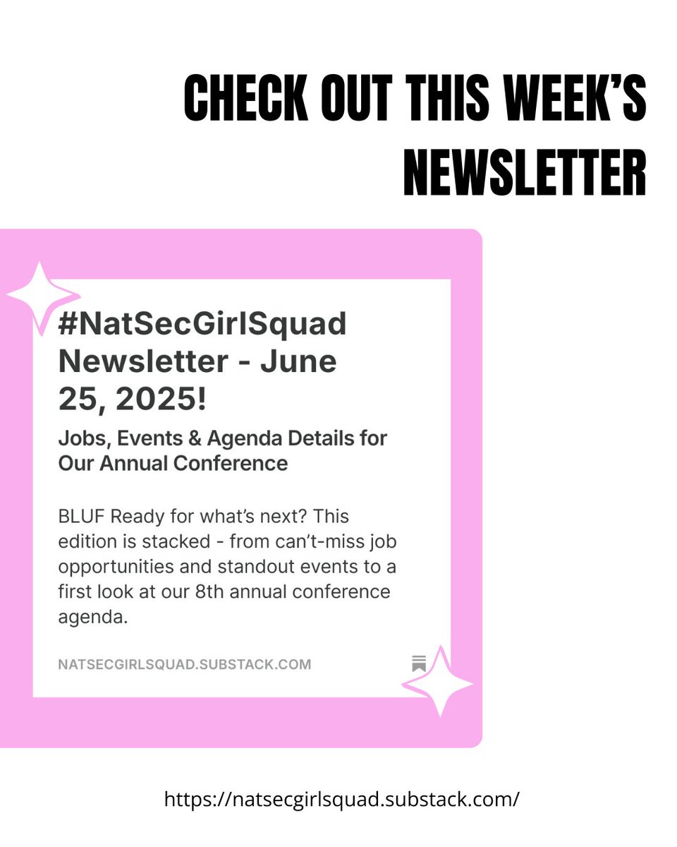 This week’s newsletter is packed! Get a sneak peek at our August conference agenda, explore tons of job opportunities, and mark your calendar for some exciting upcoming events. Don’t miss it, check it out now!

natsecgirlsquad.substack.com