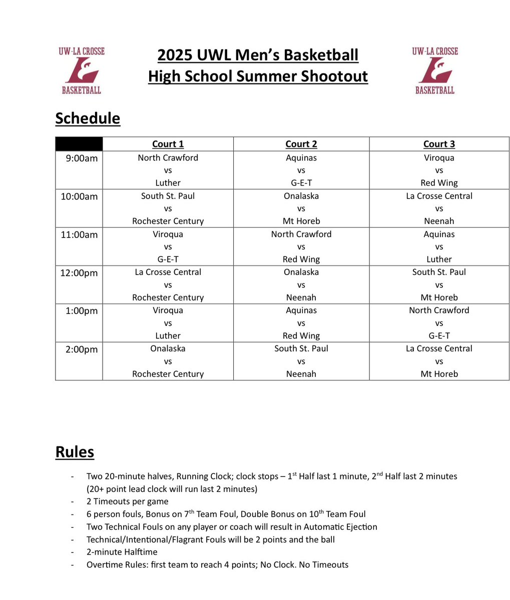 CalvinBahr1's tweet image. Here is my schedule with @BlugoldsHoops for the UWL Men’s Shootout! Games at 9AM, 11AM, and 1PM!