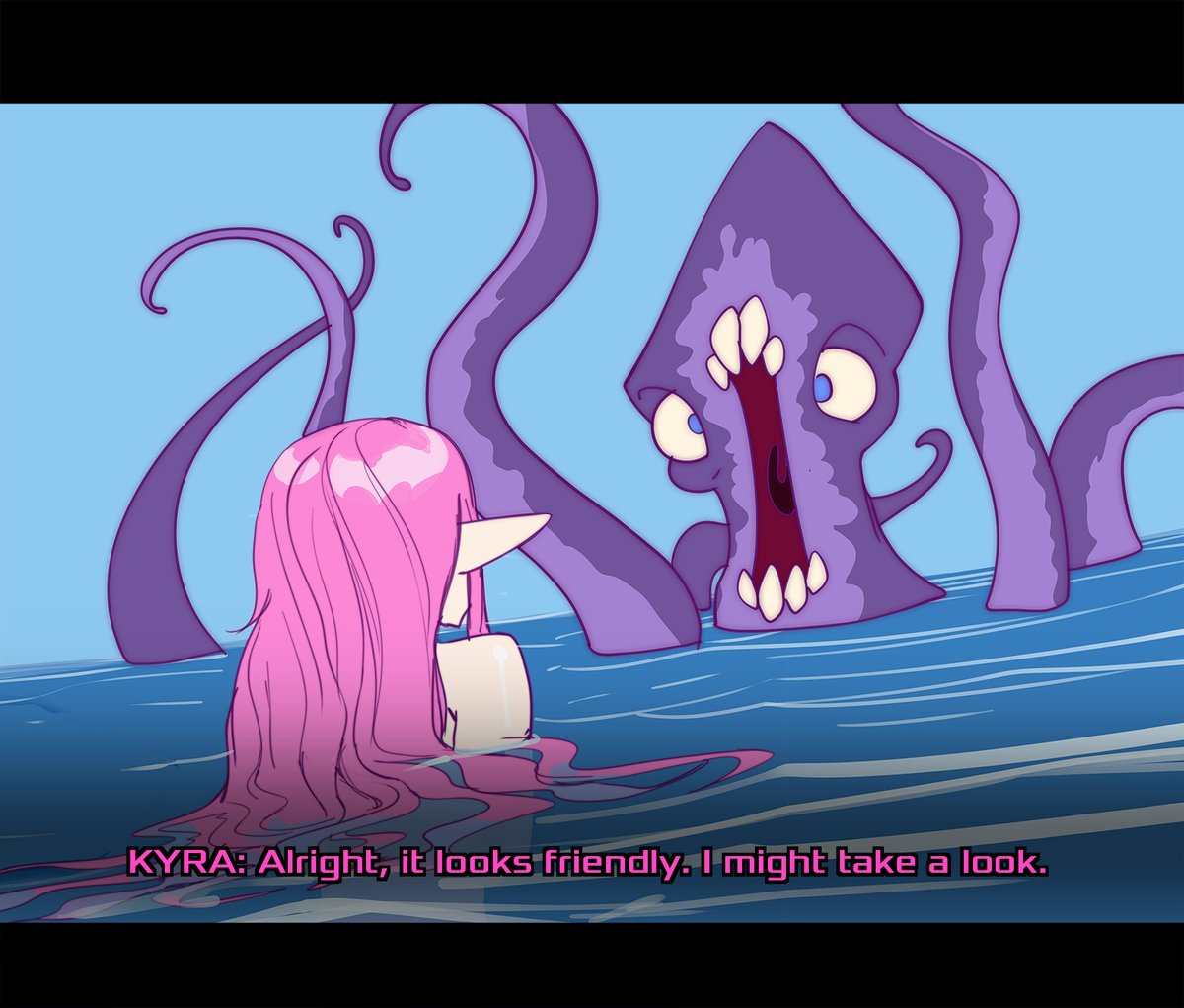 KyralReed's tweet photo. Here we are, almost at the end! Kyra has decided to take a closer look at the creature, which turned out to be a giant alien squid. Answer the next poll and tomorrow you'll get the great ending of the adventure! https://t.co/CaWQR6GRNl