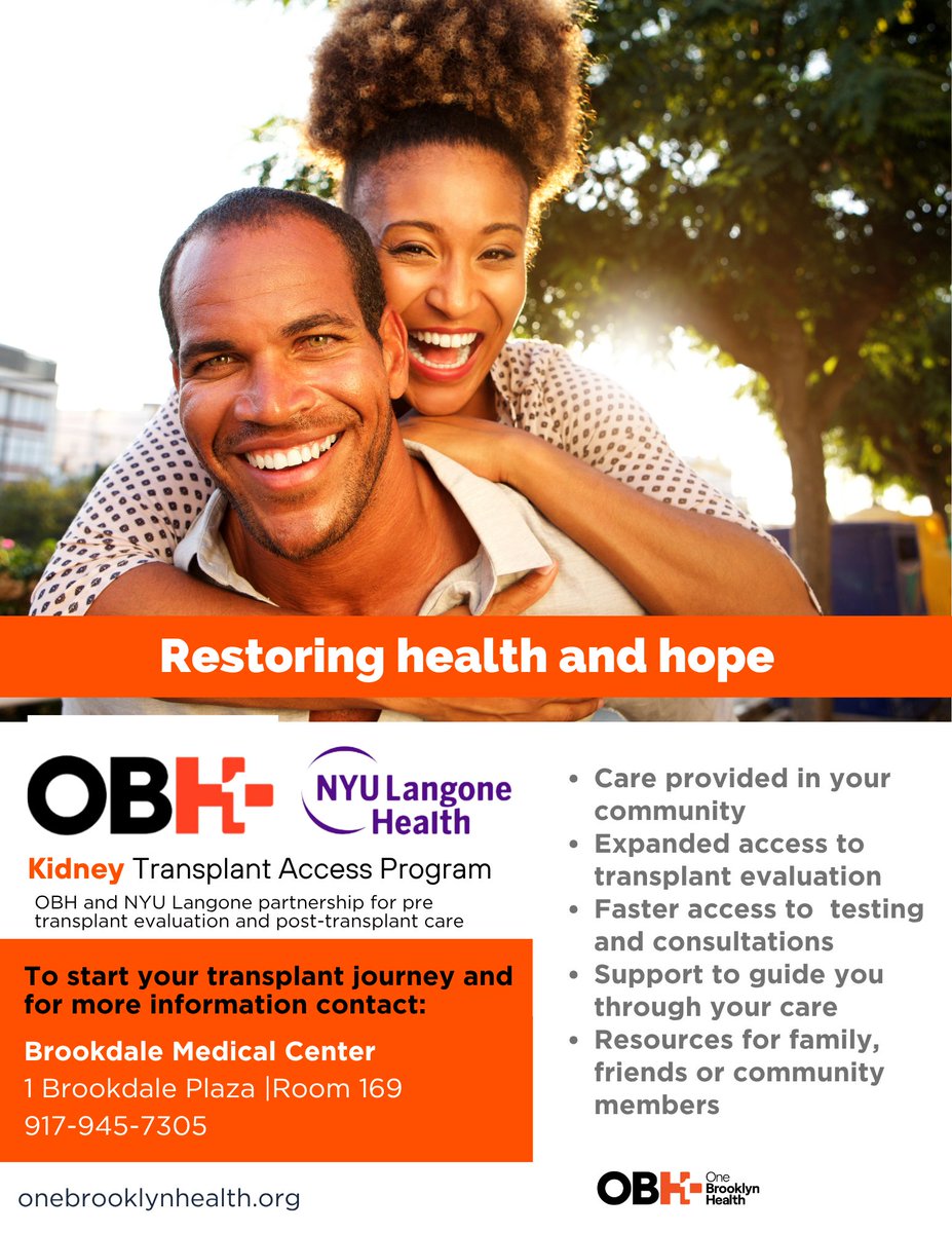 OBH and NYU Langone have partnered to provide seamless pre-transplant evaluations and comprehensive post-transplant care through our Kidney Transplant Access Program.

 Find out more about how we're making transplant care more accessible: