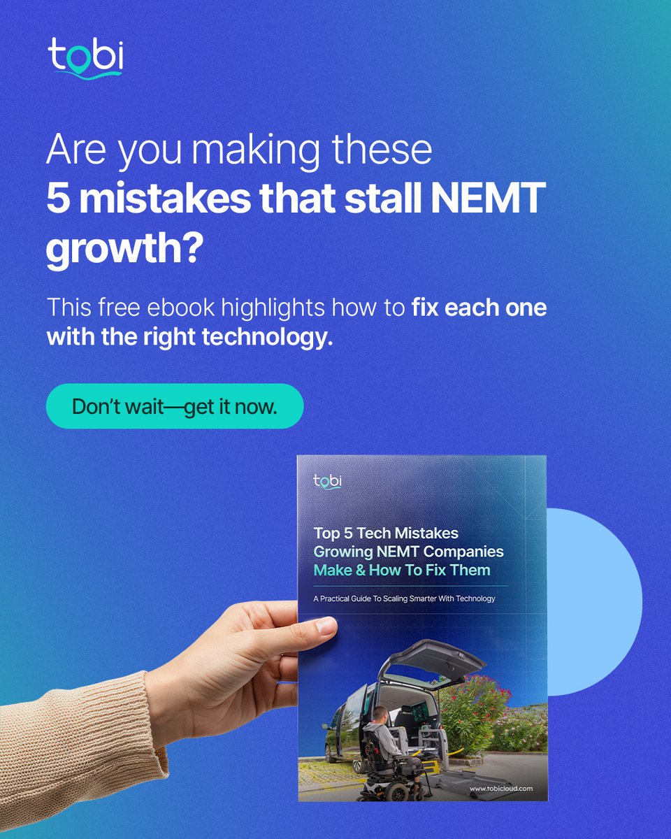 TobiSoftware's tweet image. If you&apos;re dispatching, routing, or billing without automation… you&apos;re burning time (and cash).

Grab your free eBook to learn how tech can save your NEMT company from 5 common growing pains. ow.ly/fezX50WaJxL

#NEMTSoftware #NEMTSolutions #ScalingNEMT #NEMT