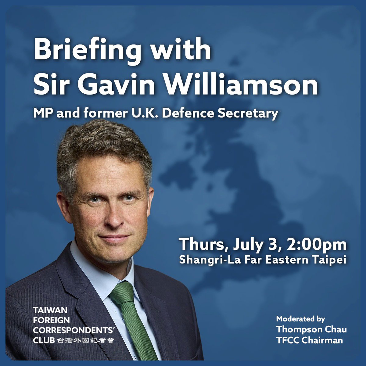 TaiwanFCC's tweet image. The Taiwan Foreign Correspondents’ Club will be hosting former UK Secretary of State for Defence Sir Gavin Williamson (@GavinWilliamson) for a timely briefing next month. Details have been sent to members via email. taiwanfcc.org/20250703-willi…