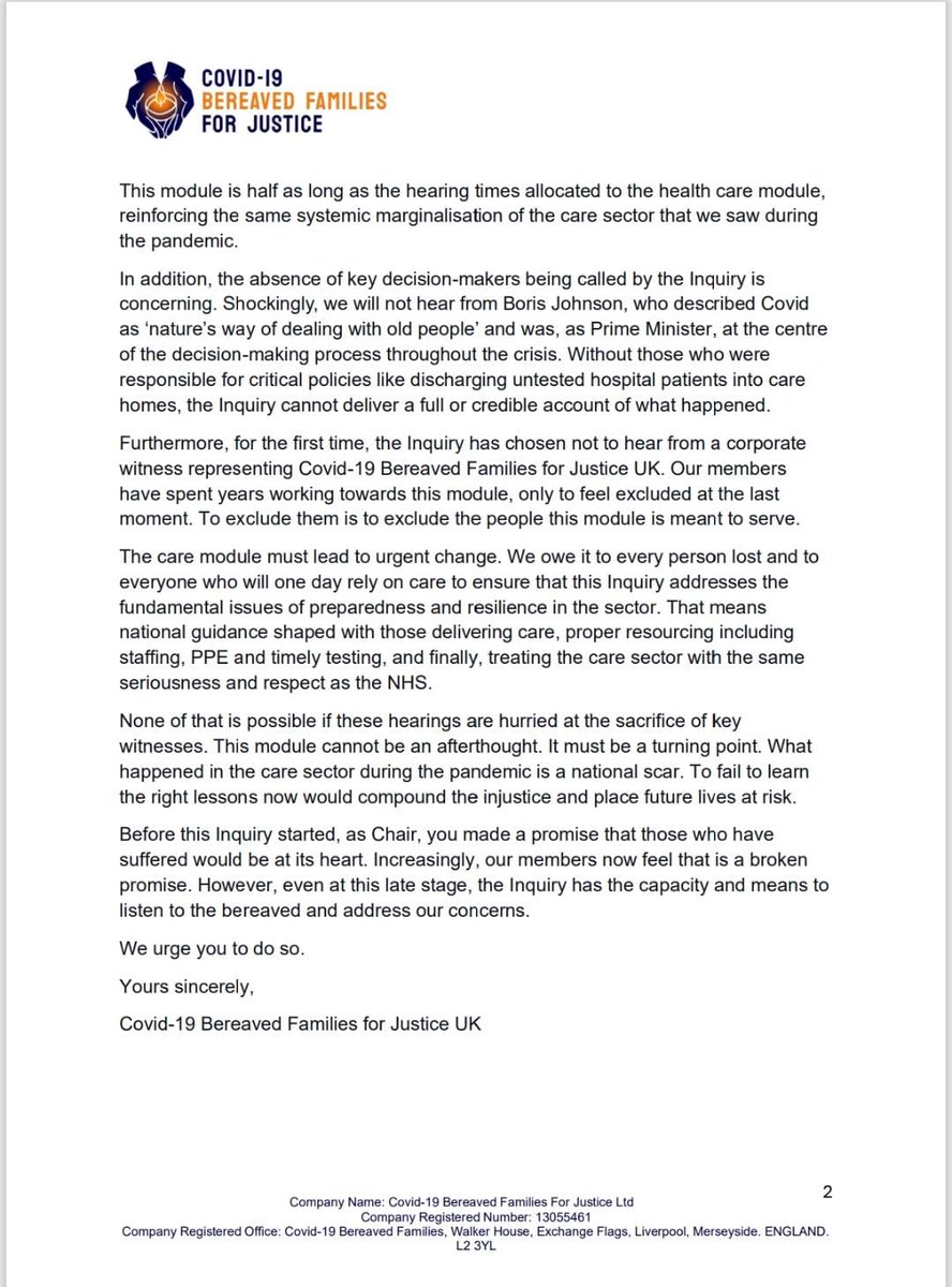 Covid-19 Bereaved Families for Justice UK (@covidjusticeuk) on Twitter photo We have written to the Chair of <a href="/covidinquiryuk/">UK Covid-19 Inquiry</a>, raising serious concerns about the care hearings, which start on Monday.
Shockingly, the Inquiry will not call Boris Johnson and other key decision-makers, including the former Chief Exec of NHS England, to give evidence.
1/2 We have written to the Chair of <a href="/covidinquiryuk/">UK Covid-19 Inquiry</a>, raising serious concerns about the care hearings, which start on Monday.
Shockingly, the Inquiry will not call Boris Johnson and other key decision-makers, including the former Chief Exec of NHS England, to give evidence.
1/2
