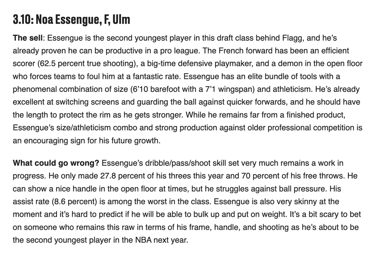 I had Noa Essengue at No. 10 on my big board. He was the highest-rated player available on my board when the Bulls came on the clock. Here's what I wrote about him before the draft: