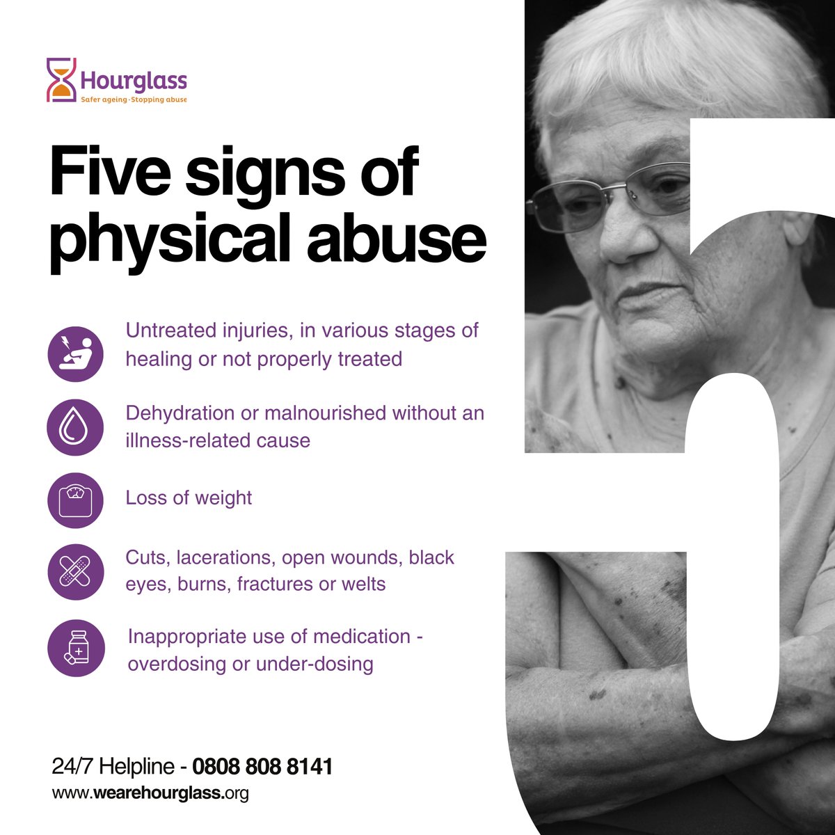 Physical abuse in older adults can show up in many different ways. If you’re concerned that you or a loved one might be experiencing abuse, here are some signs to watch for.

Read more here: wearehourglass.org/physical-abuse

#stoppingabuse #saferageing #hourglass #charity #signsofabuse