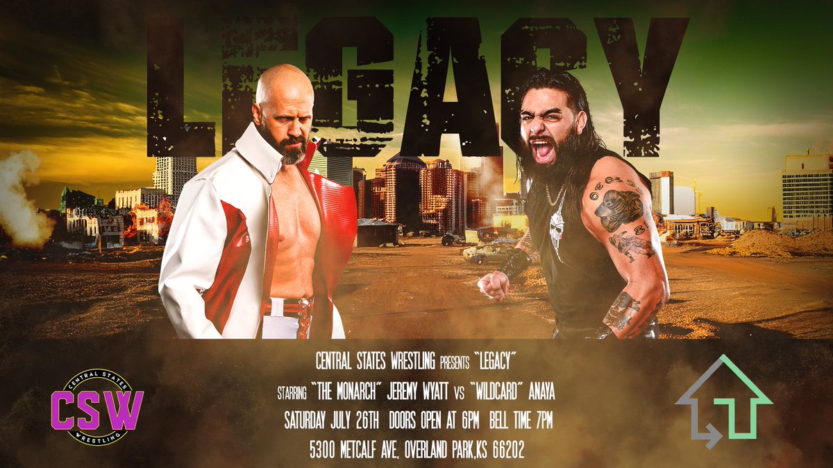 Central States Wrestling (@cswwrestlingkc) on Twitter photo 👑 vs ♠️
“The Monarch” <a href="/jeremywyatt1/">Jeremy Wyatt</a> and <a href="/WildCard_Anaya/">The WildCard Anaya</a> collide at CSW’s LEGACY on July 26th!
📍 Abdallah Shriners – Overland Park, KS
🕕 Doors: 6PM | Bell Time: 7PM
🎟️ Tickets available now — link in bio!
#CSW #LegacyLivesHere 👑 vs ♠️
“The Monarch” <a href="/jeremywyatt1/">Jeremy Wyatt</a> and <a href="/WildCard_Anaya/">The WildCard Anaya</a> collide at CSW’s LEGACY on July 26th!
📍 Abdallah Shriners – Overland Park, KS
🕕 Doors: 6PM | Bell Time: 7PM
🎟️ Tickets available now — link in bio!
#CSW #LegacyLivesHere