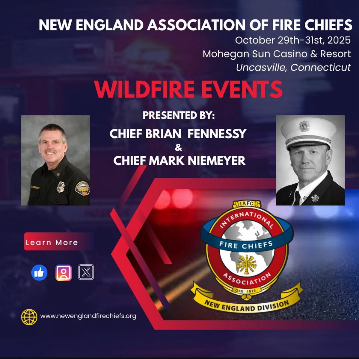 🔥 Wildfire Leadership @ 2025 NEAFC Expo-Uncasville, CT

Chiefs Fennessy &amp; Niemeyer dive into:
Camp Fire (2018)
Maui Fires (2023)
Palisades Fire (2025)

✅ Key lessons &amp; insights
🎤 Ask. Share. Engage.

Register: newenglandfirechiefs.org
#NEAFC2025 #WildfireLeadership #FireService