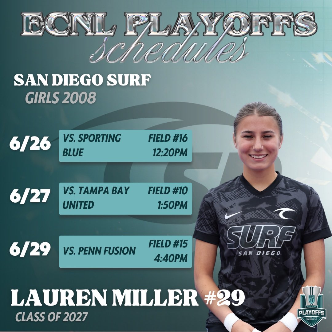 SD Surf G2008 ECNL (@sdsurfg2008ecnl) on Twitter photo It is Gameday 🚨 Coaches, need a keeper?! Check out Lauren Miller who will be joining us for our playoff run!
<a href="/TopDrawerSoccer/">TopDrawerSoccer</a> <a href="/PrepSoccer/">Prep Soccer ⚽️</a> <a href="/TheSoccerWire/">SoccerWire</a> <a href="/ImYouthSoccer/">ECNL/GA/Recruiting/College Soccer</a> #ECNLPlayoffs It is Gameday 🚨 Coaches, need a keeper?! Check out Lauren Miller who will be joining us for our playoff run!
<a href="/TopDrawerSoccer/">TopDrawerSoccer</a> <a href="/PrepSoccer/">Prep Soccer ⚽️</a> <a href="/TheSoccerWire/">SoccerWire</a> <a href="/ImYouthSoccer/">ECNL/GA/Recruiting/College Soccer</a> #ECNLPlayoffs