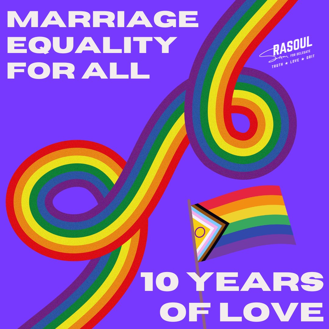 10 years ago, the Supreme Court's ruling in Obergefell v. Hodges legalized same-sex marriage throughout the country. Today, we celebrate 10 years of creating families, finding acceptance, and unabashed love. Tomorrow, we continue to fight to protect equality for all!