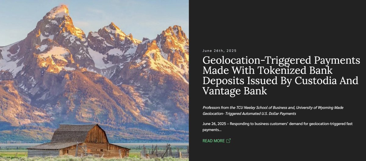 custodiabank's tweet image. NEW TOOLING for bank-issued #stablecoins rolled out by @custodiabank & @Vantage_Bank: “Customers asked us for geolocation-triggered payment functionality that leverages programmable money to enforce payment conditions automatically. So, we built it for them.”…