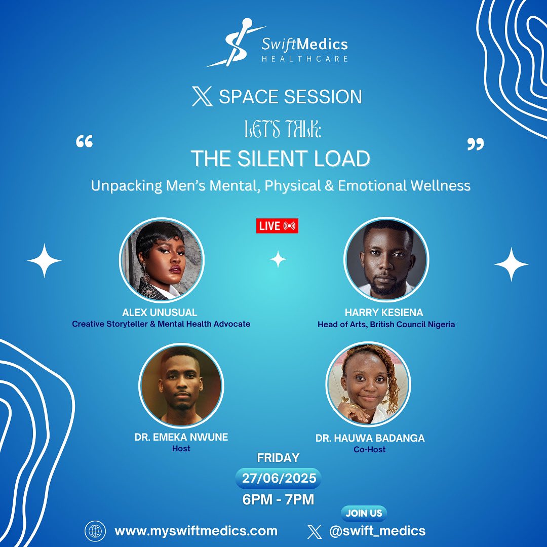 swift_medics's tweet image. Men carry so much — yet say so little.
Join us June 27 at 6PM on X Spaces for The Silent Load — a powerful conversation on men’s mental, physical, and emotional health in the African context.
🎙️ Hosted by @swift_medics ✨
Join the conversation:
