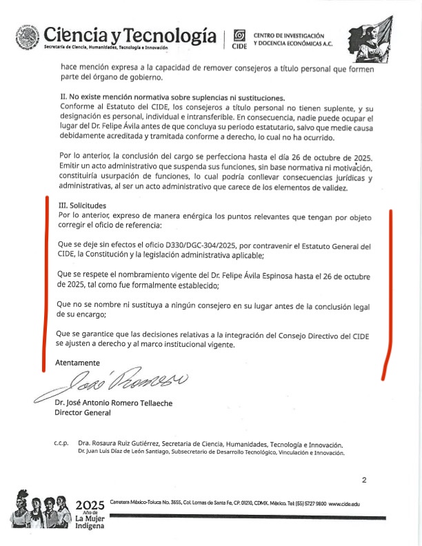 Luis Guillermo Hernández (@luisghernan) on Twitter photo 🔥BOOOOOM🔥
El Director del <a href="/CIDE_MX/">CIDE</a>,
José Antonio Romero Tellaeche
𝐑 𝐄 𝐂 𝐇 𝐀 𝐙 𝐀
la designación de <a href="/sergioaguayo/">Sergio Aguayo</a>
Califica de ILEGAL el nombramiento
hecho a la brava por <a href="/rosauraRuiz4/">Rosaura Ruiz</a>
de <a href="/Secihti_Mx/">Secretaría de Ciencia</a>
y exige la restitución del ex consejero Felipe Ávila
🔥🔥🔥🔥🔥 🔥BOOOOOM🔥
El Director del <a href="/CIDE_MX/">CIDE</a>,
José Antonio Romero Tellaeche
𝐑 𝐄 𝐂 𝐇 𝐀 𝐙 𝐀
la designación de <a href="/sergioaguayo/">Sergio Aguayo</a>
Califica de ILEGAL el nombramiento
hecho a la brava por <a href="/rosauraRuiz4/">Rosaura Ruiz</a>
de <a href="/Secihti_Mx/">Secretaría de Ciencia</a>
y exige la restitución del ex consejero Felipe Ávila
🔥🔥🔥🔥🔥