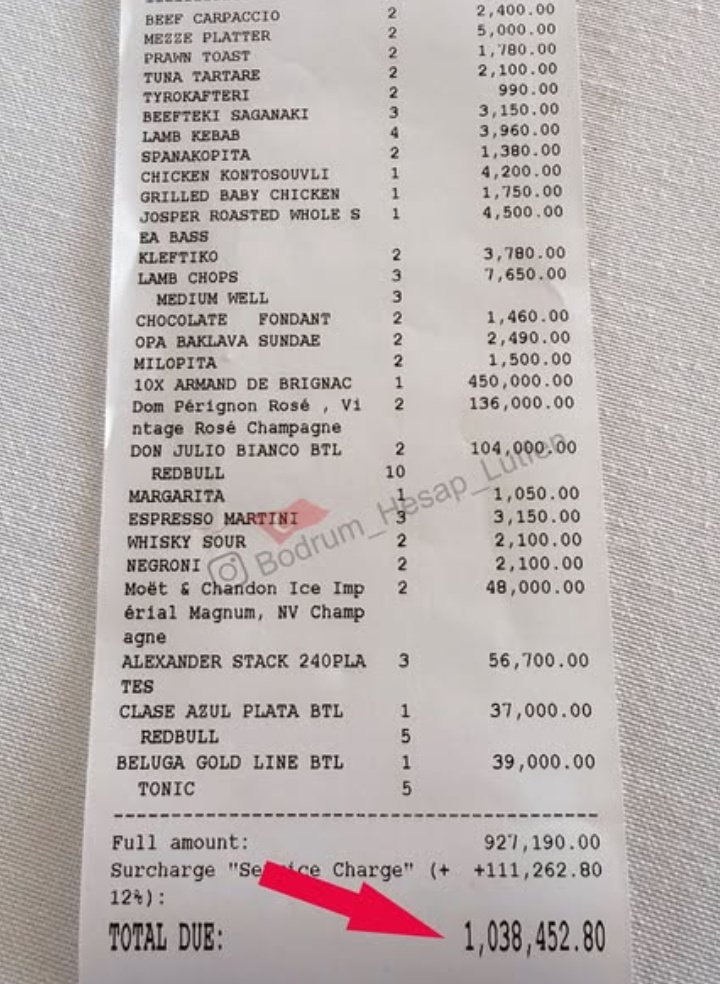 Muğla Bodrum'da bir işletmede gelen 1 milyon 38 bin TL'lik hesap.

Servis ücreti: 111 bin TL