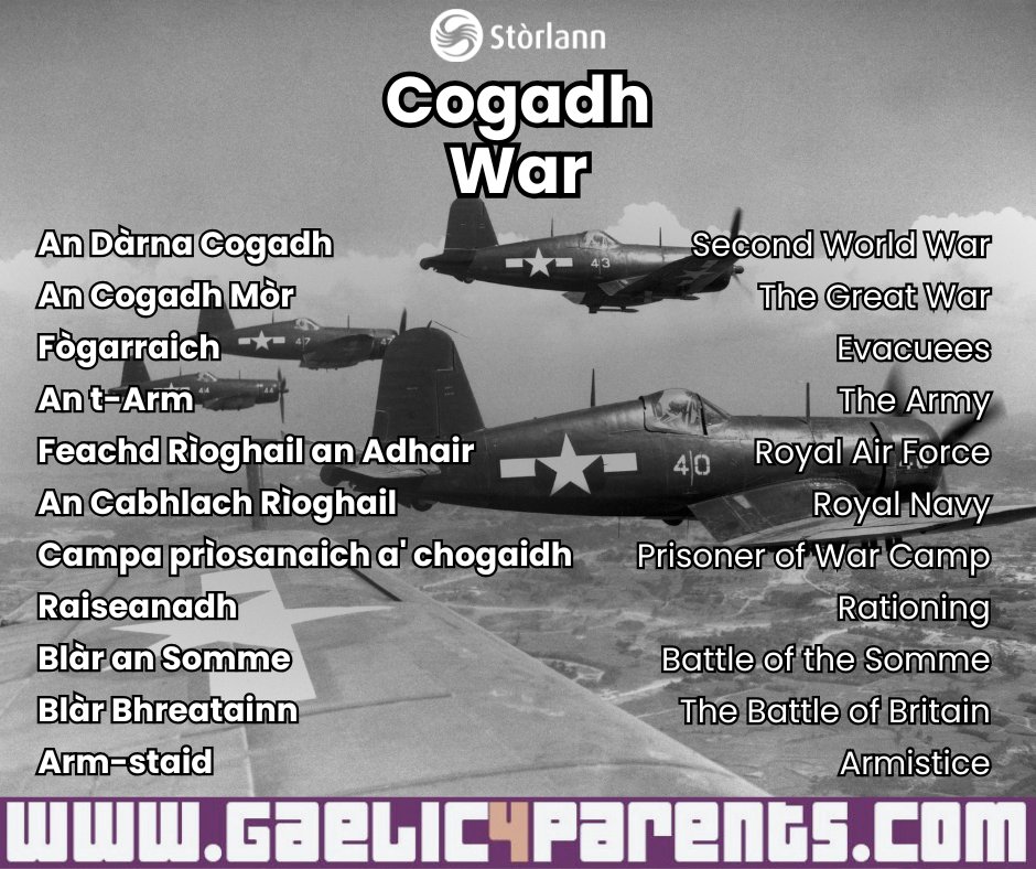 gaelic4parents's tweet photo. Cogadh - war
An Dàrna Cogadh - Second World War
An Cogadh Mòr - The Great War
Fògarraich - Evacuees
An t-Arm - the Army
An còrr briathrachais san 🧵
#cleachdi #Gaelic #Gaelic4Parents #Gaidhlig #history #Eachdraidh #worldwar2history #firstworldwar https://t.co/vQAqry7VJw