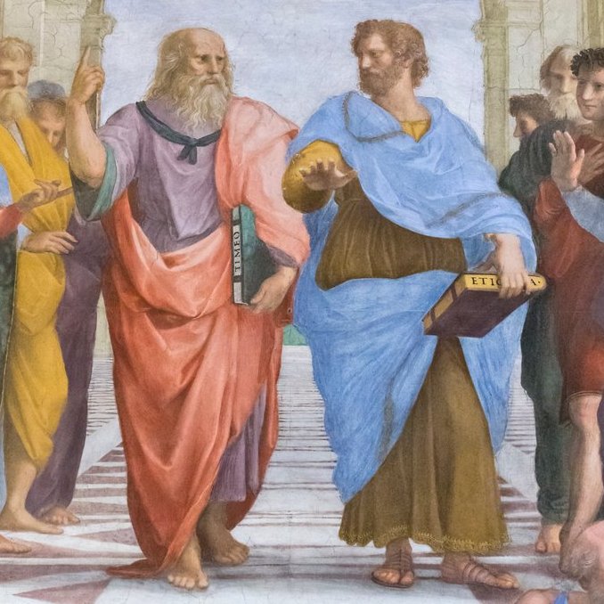 Solda Platon: Elinde evren ve insan doğası hakkındaki "Timaios" kitabı. Kıyafeti havanın ıslak ve ateşin sıcak renklerinde.
Sağda Aristoteles: Elinde ahlakın özü ve yaşamın amacı hakkındaki "Nikomakhos'a Etik" kitabı. Kıyafeti toprağın kuru ve suyun soğuk renklerinde.