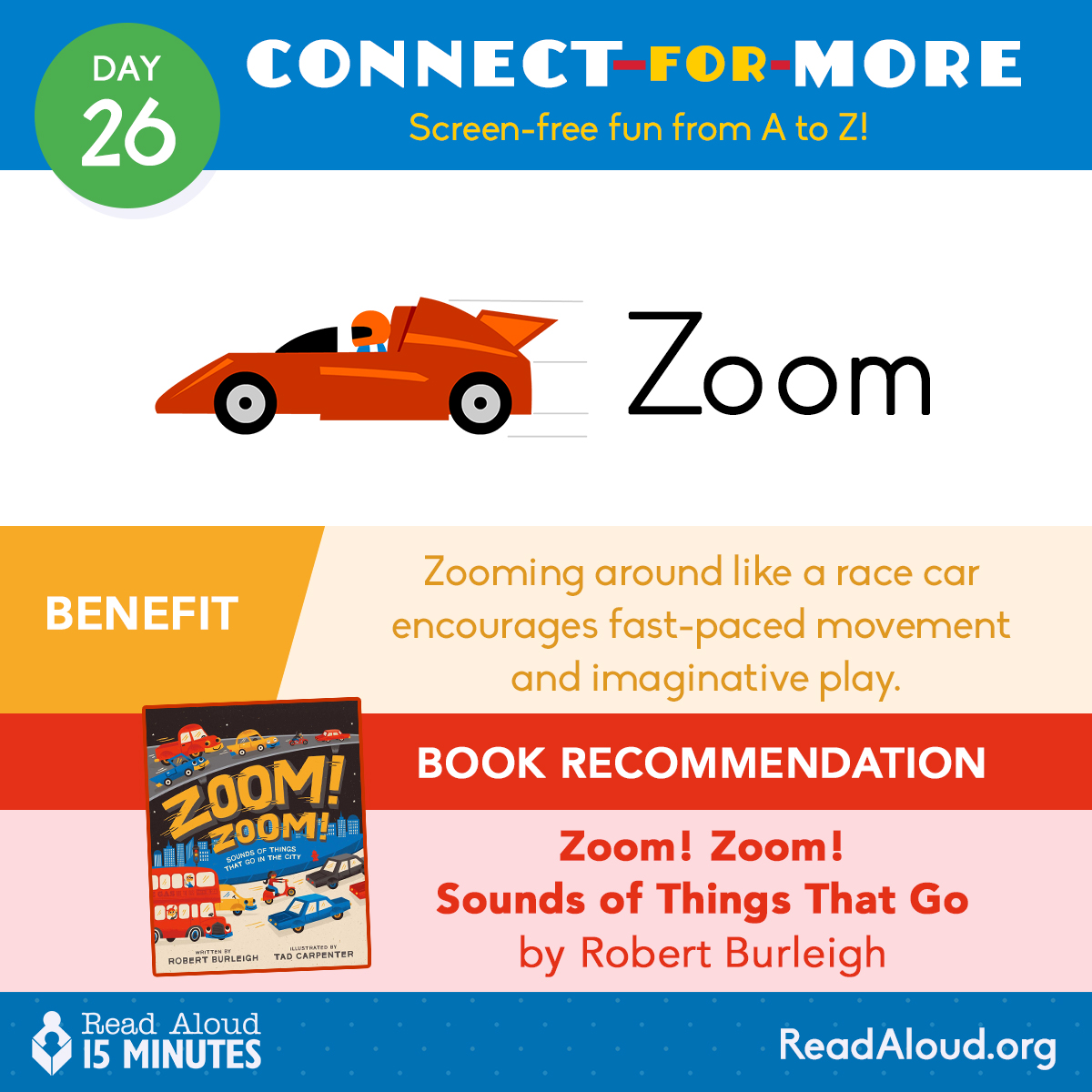ReadAloud_org's tweet image. With “ZOOM,” we’ve reached the last letter of the alphabet—zooming across the finish line! 🏁🚗💨
Encourage your child to dive into fast-paced books about adventures, join in lively read-alouds, or create their own speedy tales. Reading can move fast and be fun! #ReadAloud15