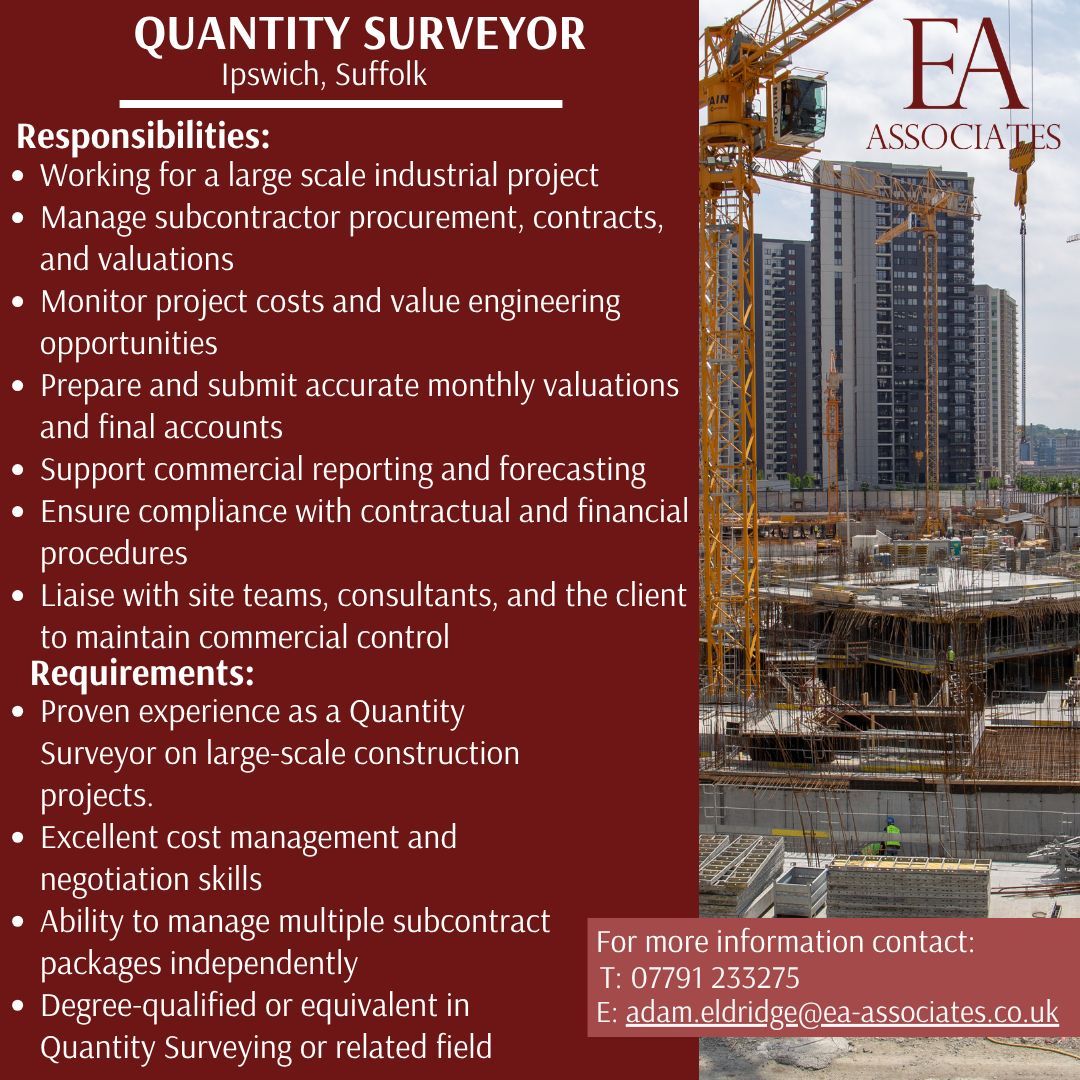 Job Alert! 🛠️ 

Our client is seeking an experienced Quantity Surveyor to play a key commercial role on a major industrial scheme in Ipswich. 

If you are interested contact 07791 233275 or adam.eldridge@ea-associates.co.uk