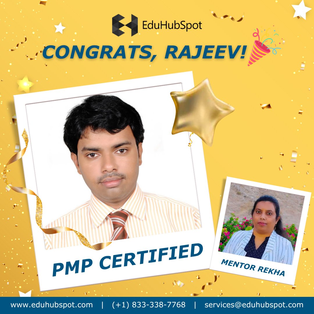eduhubspot's tweet image. #SpotYourSuccess 🏆
 Congratulations on achieving your PMP Certification, Rajeev V! You have worked hard and it has paid off. Thank you for trusting us with your journey!
 
 Mentored by : Rekha Natarajan
 
 eduhubspot.com
 
#eduhubspot #pmpcertification #projectmanager