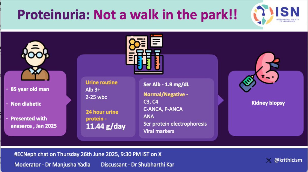 Everyday Cases in Nephrology #ECNeph Case Discussion today 26th June 2025 at 9.30 pm IST with <a href="/myadla/">manjusha yadla</a> and <a href="/shubharthikar/">Shubharthi Kar, MD, FISN</a>