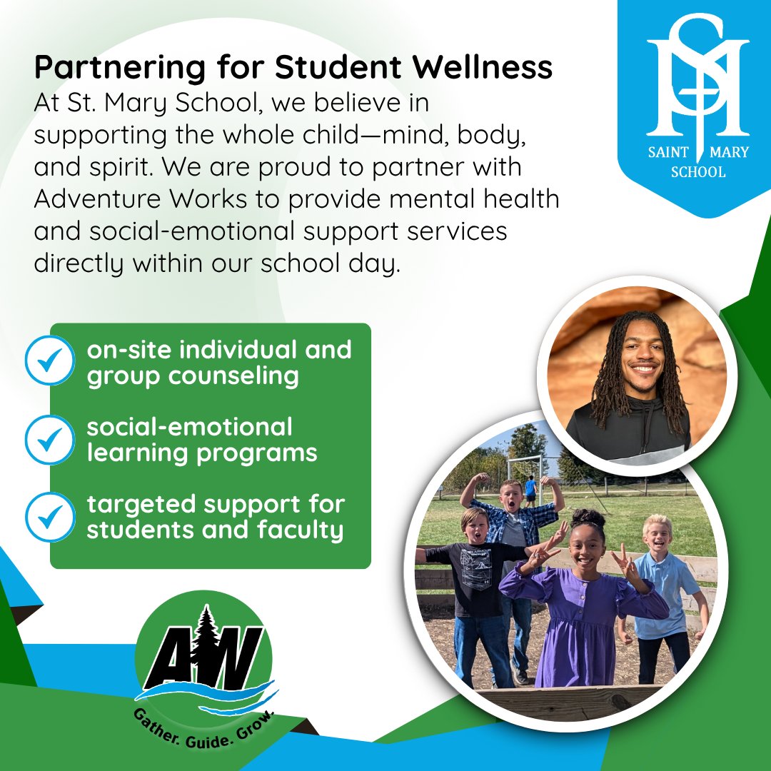 Partnering for Student Wellness at St. Mary School, we believe in supporting the whole child—mind, body, and spirit. We are proud to partner with Adventure Works Dekalb to provide mental health and social-emotional support services directly within our school day.