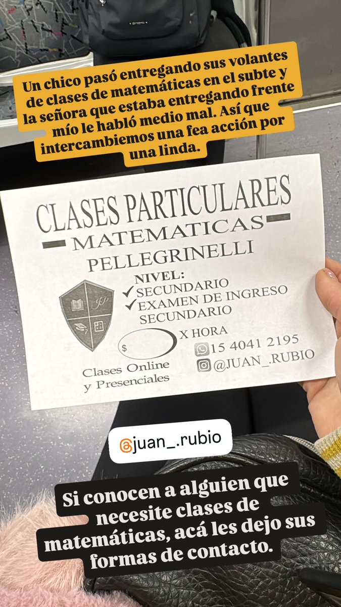 Costará mucho que hagamos viral a este pibe que reparte volantes en el subte de sus clases de matemáticas? 

Estaría buenísimo que podamos darle visibilidad a la juventud que le pone onda a la vida, sabe de algo y agarra la pala