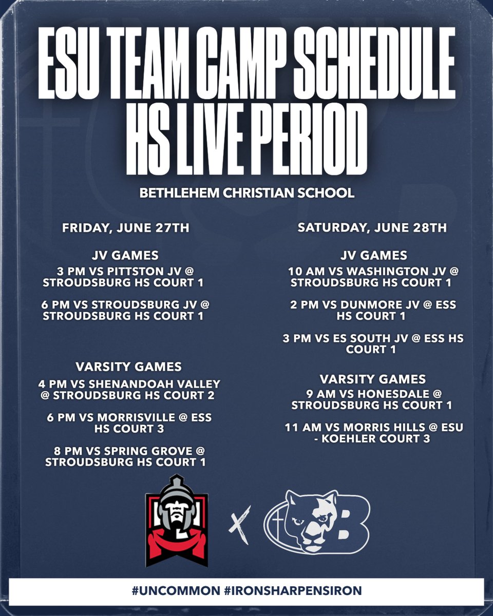 Bethlehem Christian School Boys Basketball (@bcspanthersmbb) on Twitter photo Bethlehem Christian School is back in action this Friday & Saturday at the ESU Team Camp (HS Live Period)!
📍Stroudsburg HS | ESS | ESU - Koehler Fieldhouse
🕒 Full JV & Varsity Schedule Below
Excited to compete again this year in a great event!
<a href="/DeionSwift_/">Deion Swift</a> Bethlehem Christian School is back in action this Friday & Saturday at the ESU Team Camp (HS Live Period)!
📍Stroudsburg HS | ESS | ESU - Koehler Fieldhouse
🕒 Full JV & Varsity Schedule Below
Excited to compete again this year in a great event!
<a href="/DeionSwift_/">Deion Swift</a>