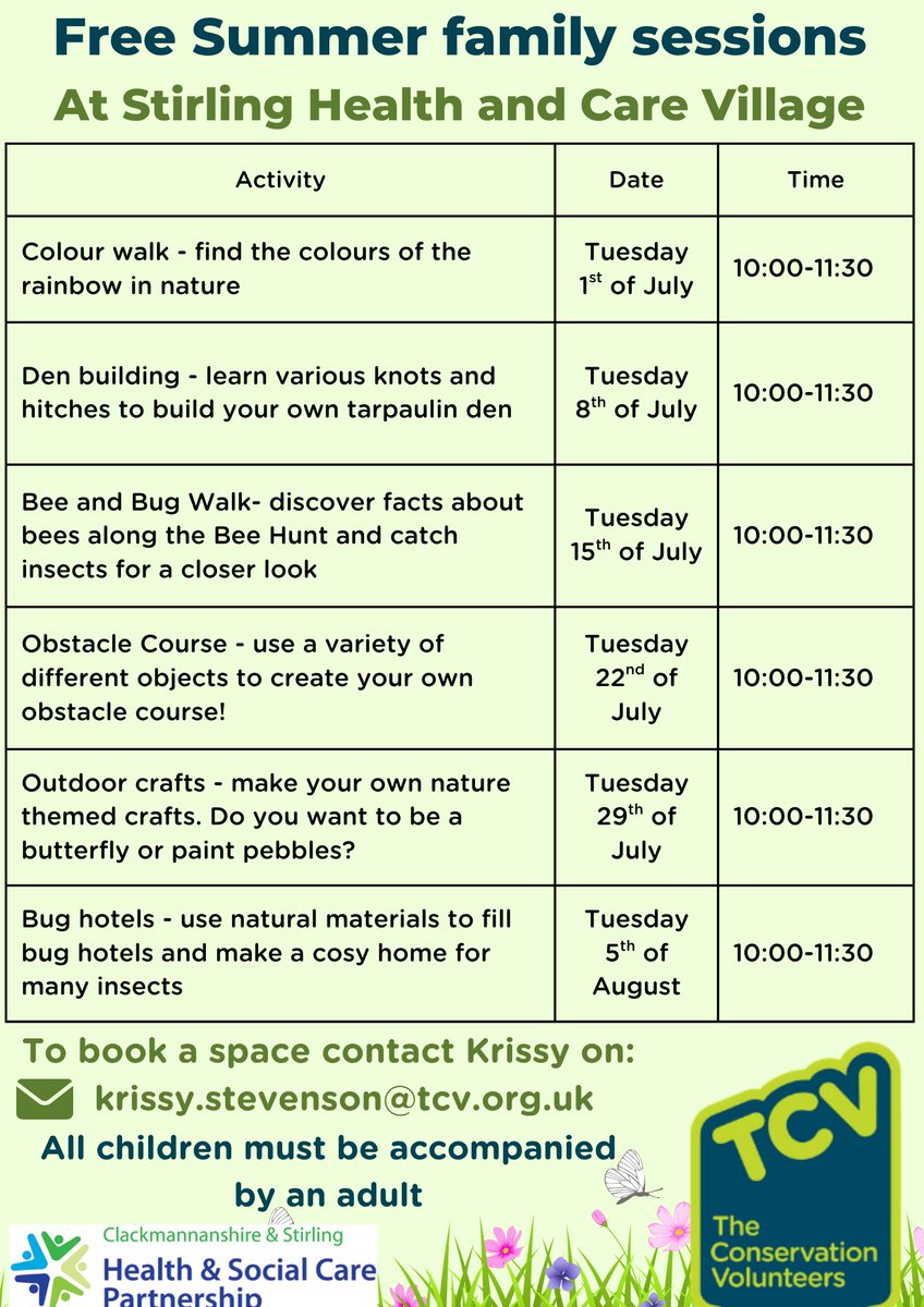 slt_fv's tweet image. In July we're sharing links to some of our favourite resources.
First up: links to a variety of free summer activities happening at Stirling Health & Care Village greenspace ☀️🐝🔎⛺
To book, email krissy.stevenson@tcv.org.uk
All children must be accompanied by an adult🦋