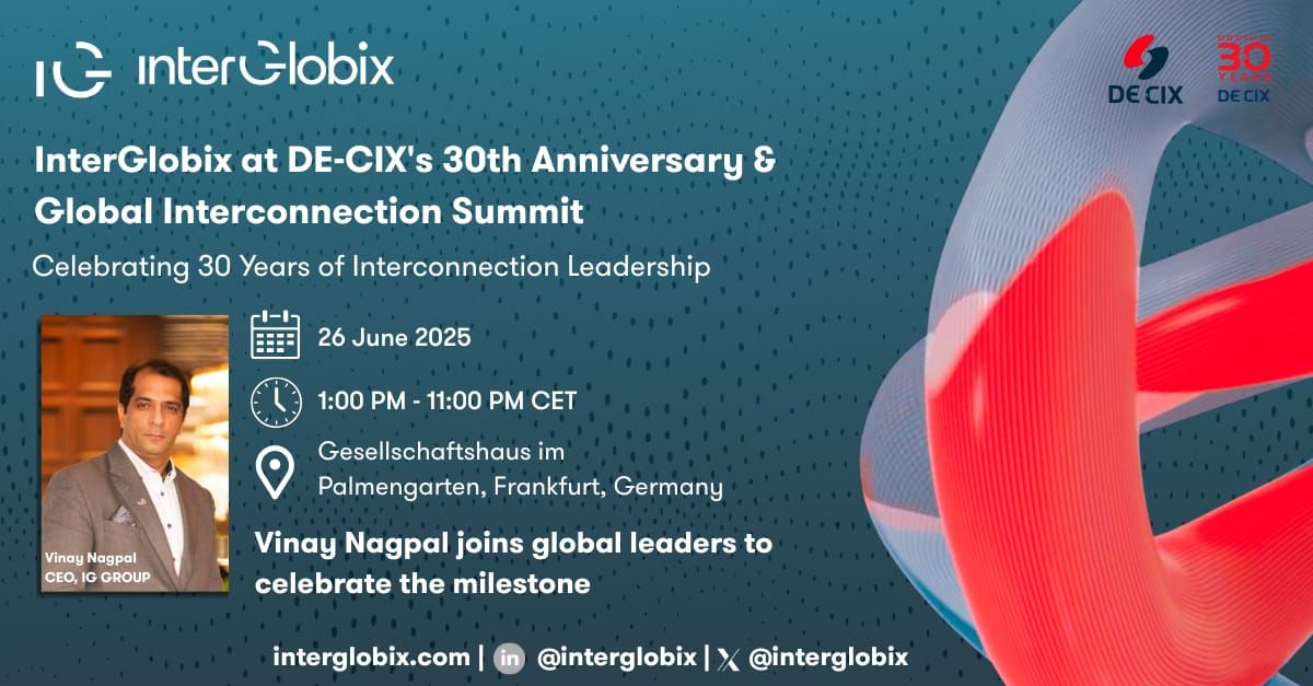 InterGlobix's tweet image. At IG Group | InterGlobix, we proudly recognize DE-CIX for an extraordinary 30-year journey dedicated to building and shaping the future of the internet.
Since launching the first DE-CIX Internet Exchange in Frankfurt in 1995, DE-CIX has evolved into a global interconnection…