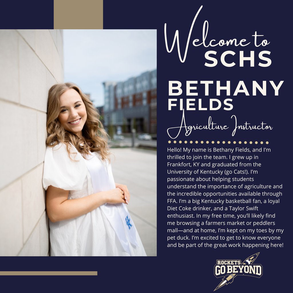 🚜 Join us in welcoming Bethany Fields as the new SCHS Ag Instructor! 🌾 Stay tuned for a chance to meet her and hear her vision for the Ag program. 💙💛 #SCHSRockets #RocketsGoBeyond #AgEducation