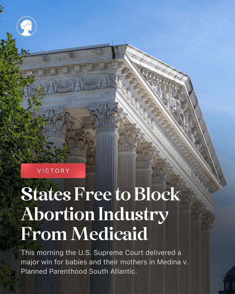 SCOTUS VICTORY: This morning SCOTUS delivered a major win for babies and their mothers in Medina v. PP South Atlantic, clearing the way for SC and other states to stop funding big abortion businesses like Planned Parenthood in their Medicaid programs.

🔽
sbaprolife.org/newsroom/press…