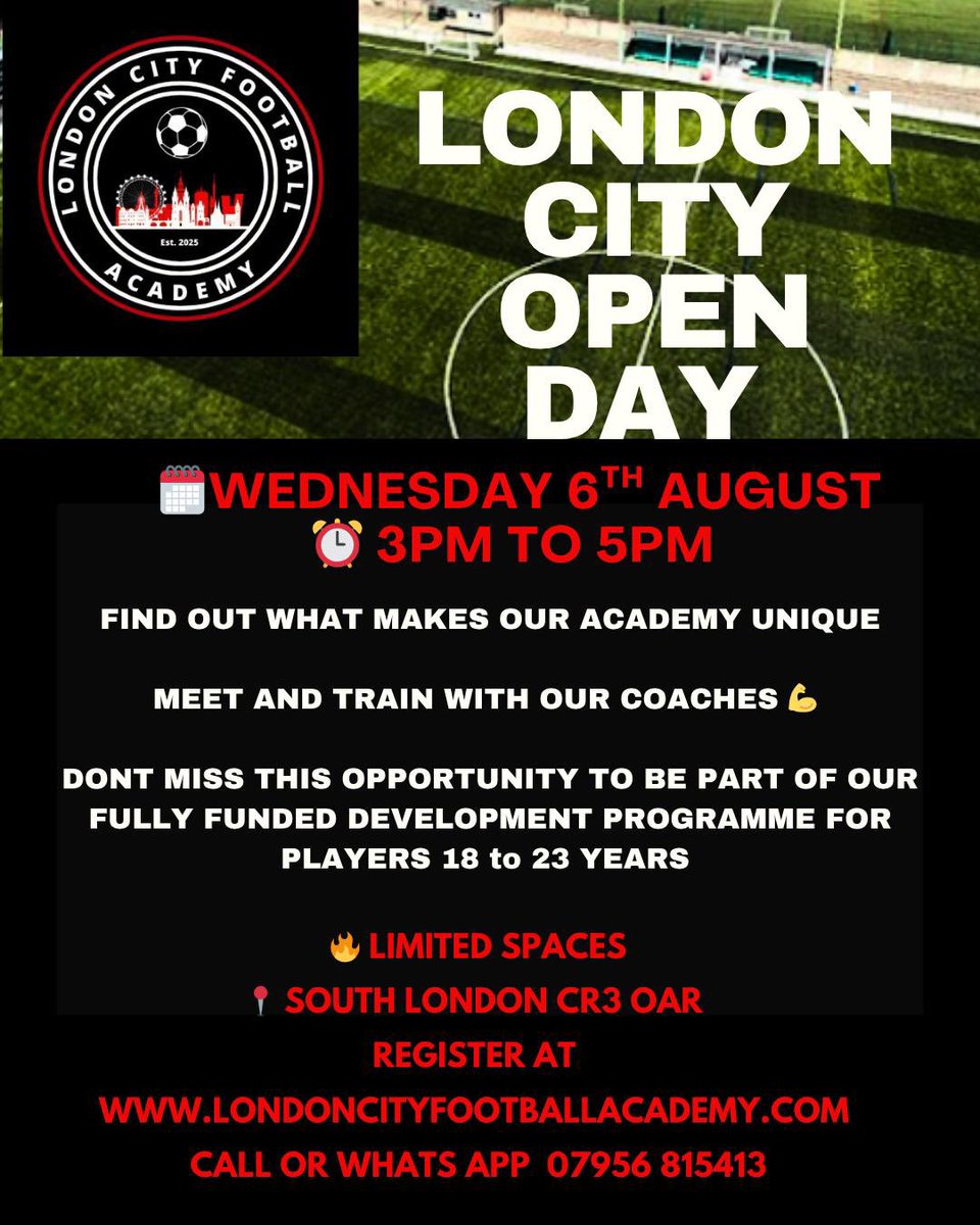 ⚽️ Players aged 18-23 .. this is your shot 
🔥Open day to check out our FREE academy season programme 
📍Whyteleafe FC , South London 
🗓️Wed 6th Aug 🕒 3-5pm 
Register now - Link in bio