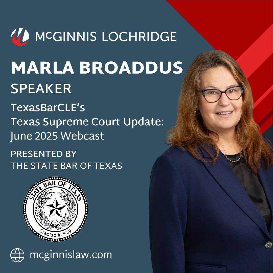 McGinnis Lochridge (@mcginnislaw) on Twitter photo Partner Marla Broaddus had the pleasure of speaking during the <a href="/statebaroftexas/">State Bar of Texas</a> TexasBarCLE #webcast, Texas Supreme Court Update: June 2025: bit.ly/3GhC0Xd | #VirtualEvent #Texas #law #lawyer Partner Marla Broaddus had the pleasure of speaking during the <a href="/statebaroftexas/">State Bar of Texas</a> TexasBarCLE #webcast, Texas Supreme Court Update: June 2025: bit.ly/3GhC0Xd | #VirtualEvent #Texas #law #lawyer
