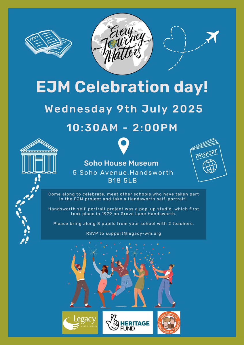 LegacyWM1's tweet image. 🎉 EJM Celebration Day 🎉

Join us by invite only at Soho House Museum on Wed 9 July 2025, 10:30AM – 2:00PM!

🌍 Celebrate #EveryJourneyMatters
🤝 Connect schools
📸 Experience Handsworth’s self-portrait pop-up!

🎟️ RSVP: support@legacy-wm.org
🔗 Register: eventbrite.ca/e/137748294155…