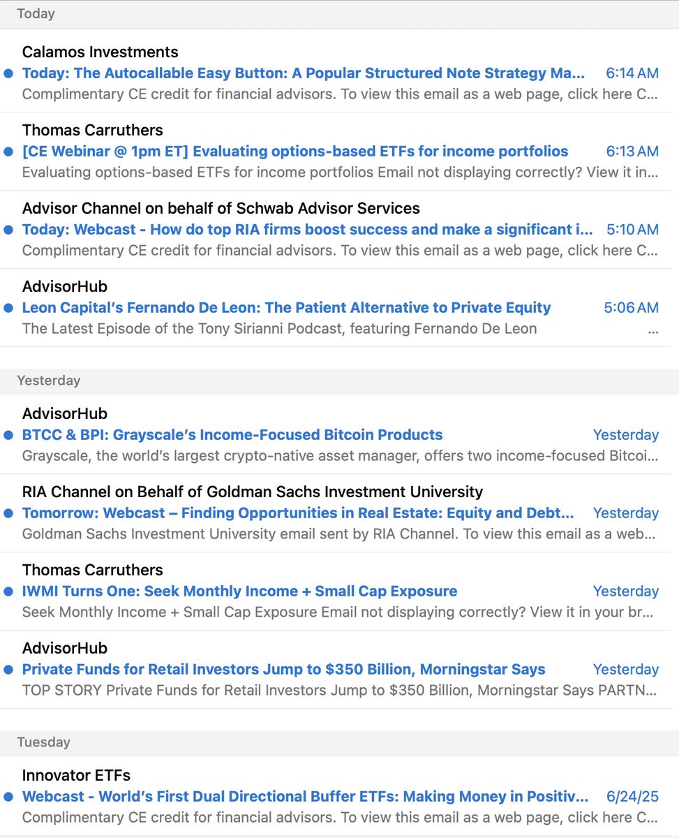 JohnRKamprath's tweet image. The #StretchForYield &amp;amp; PE&apos;s search for #ExitLiquidity are relentless. Here is a snippet from an RIA&apos;s wholesaler spam folder: structured products/levered income plays/retail private REITs-PE-PC.

Leverage belongs in the toolbox. Its overuse destroys its utility. Beware of fads.
