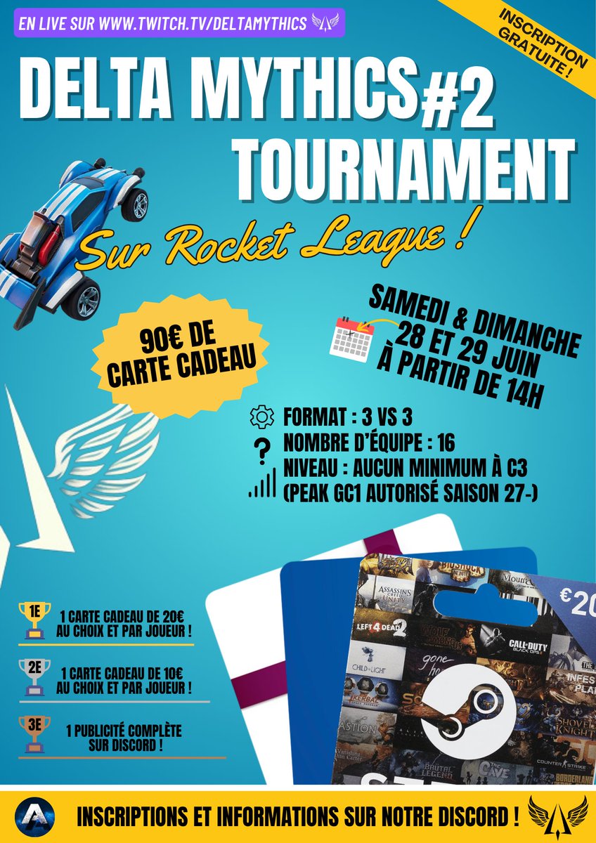 Deuxieme Édition du Delta Mythics Tournament ! 
Tournoi Rocket League C3 Max, Inscription fermée le 27/06 à 17h 

Rejoignez le serveur pour plus d’informations ! discord.gg/NDN2RuVeb2