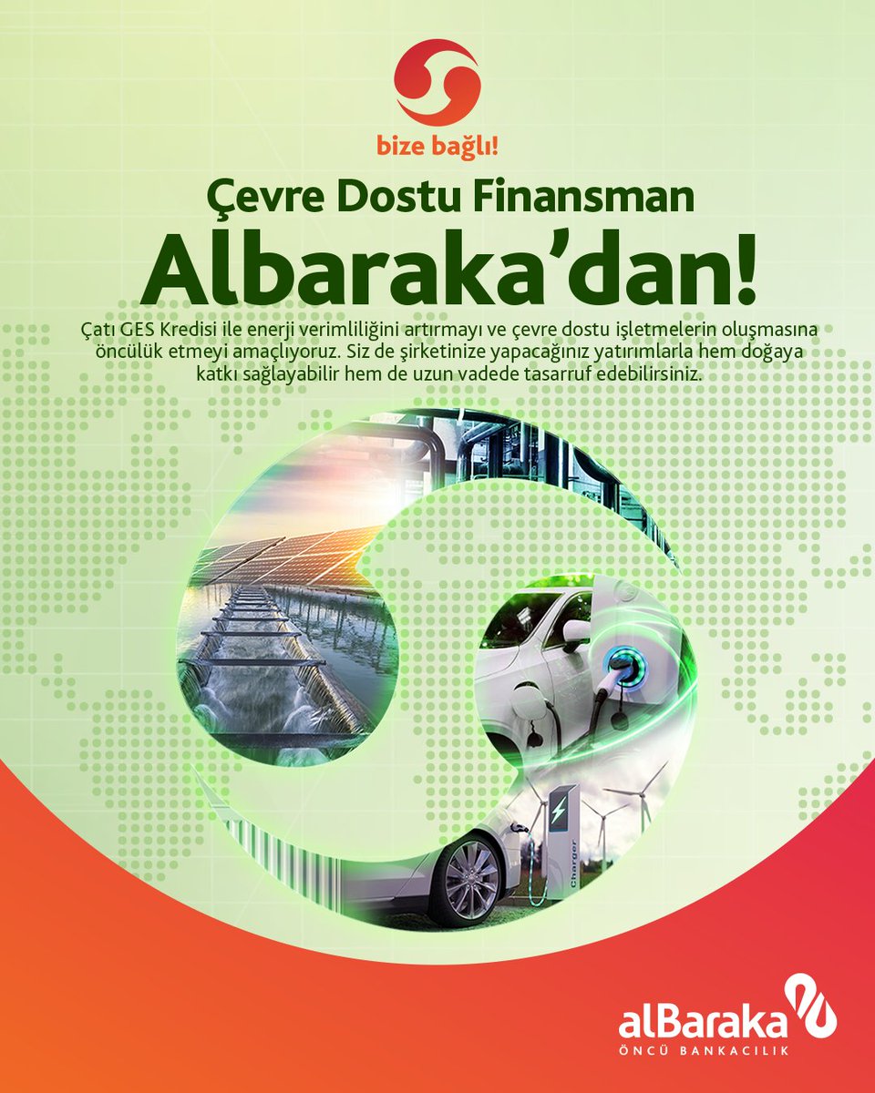 Albaraka Türk olarak, finansal hizmetlerimizi doğa dostu ve toplum yararına olacak şekilde şekillendirmeye devam ediyor ve bu kapsamda müşterilerimize tüzel sürdürülebilir finans ürünlerimizle destek veriyoruz.

#SürdürülebilirFinans #Tüzel #Bizebağlı