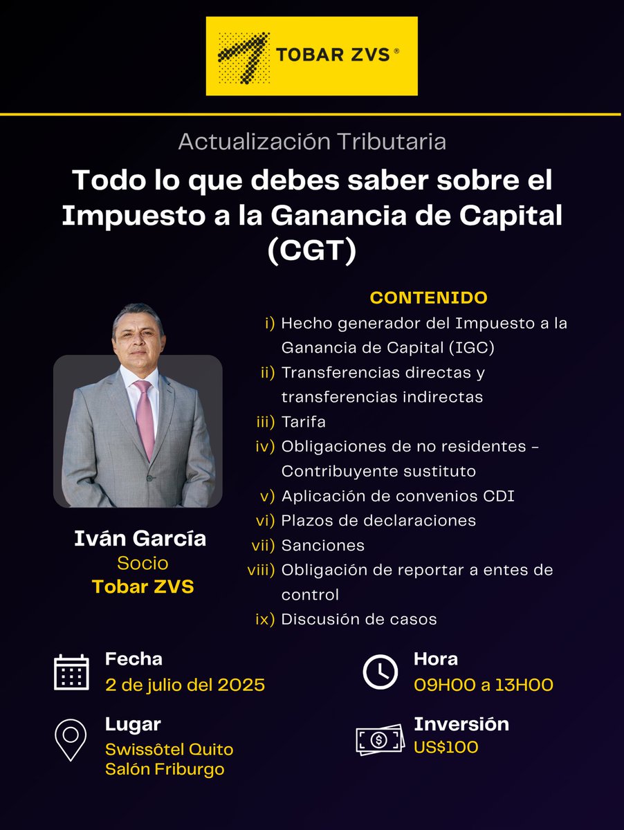 🚀 ¡No te pierdas nuestra clase sobre el Impuesto a la Ganancia de Capital! 📝

¡Aprende de manera sencilla y clara los conceptos clave necesarios para cumplir con tus obligaciones!

Inscríbete ahora en el siguiente enlace: tzvs.ec/20250712Impues…