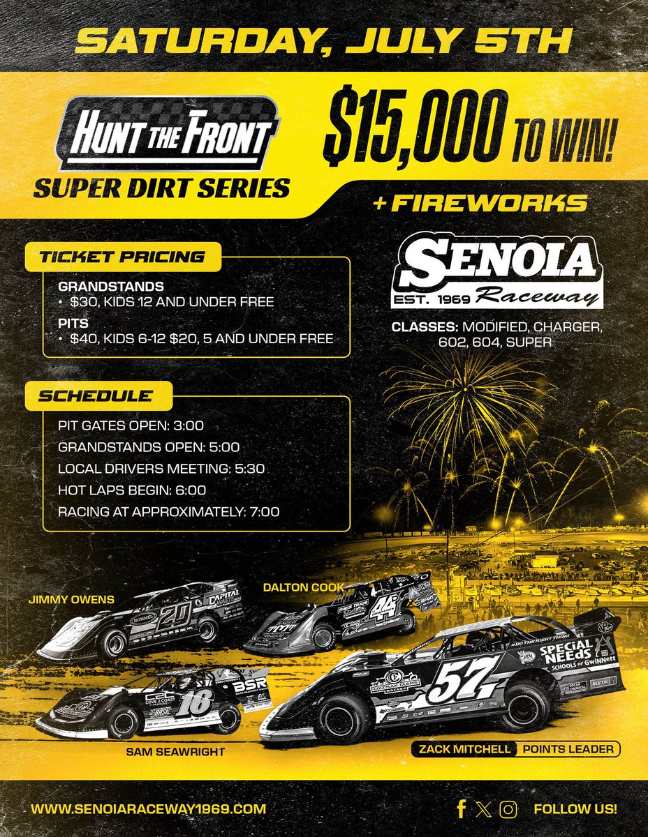 SenoiaR's tweet image. 🎆 Next Weekend at Senoia Raceway – July 5th!
Don’t miss the @HuntTheFrontSDS with $15,000 to WIN and a big fireworks show!
Plus action-packed racing in Modified, Charger, 602, 604, and Super divisions!
Full schedule to come on SenoiaRaceway1969.com
