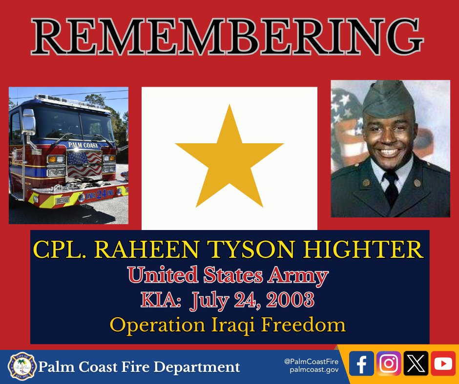 Today we honor U.S. Army CPL Raheen Tyson Heighter, who made the ultimate sacrifice on this day in 2003 during Operation Iraqi Freedom
A fire engine dedicated in his name on Memorial Day 2023 stands as a lasting tribute to his courage and sacrifice
#GoldStarHero #NeverForgotten