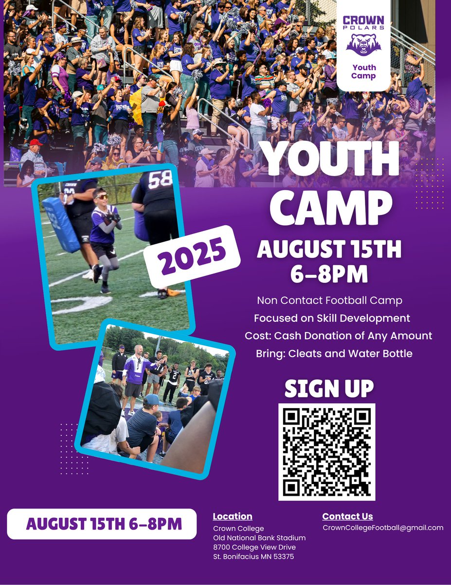 Coach Franz (@_coach_franz) on Twitter photo Our <a href="/CrownCollegeFB/">Crown College Football</a> Youth Camp is starting to fill up!
📅 Friday, August 15th
⏲️ 6:00 - 8:00 pm
📍 <a href="/CrownCollege/">Crown College</a>
🏈 3rd to 8th grade
Sign up: crown-xwqbg.formstack.com/forms/football… Our <a href="/CrownCollegeFB/">Crown College Football</a> Youth Camp is starting to fill up!
📅 Friday, August 15th
⏲️ 6:00 - 8:00 pm
📍 <a href="/CrownCollege/">Crown College</a>
🏈 3rd to 8th grade
Sign up: crown-xwqbg.formstack.com/forms/football…