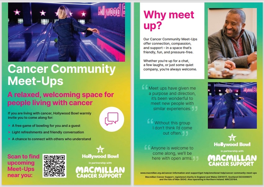 info_macmillan's tweet image. The CCMU are running at the Hollywood Bowl, Preston. The meet-ups offer a welcoming space for people who are living with cancer to come together over a free game of bowling.
Dates
• Wednesday 2 July, 11am – 1pm
• Wednesday 9 July, 11am – 1pm
• Wednesday 16 July, 11am – 1pm