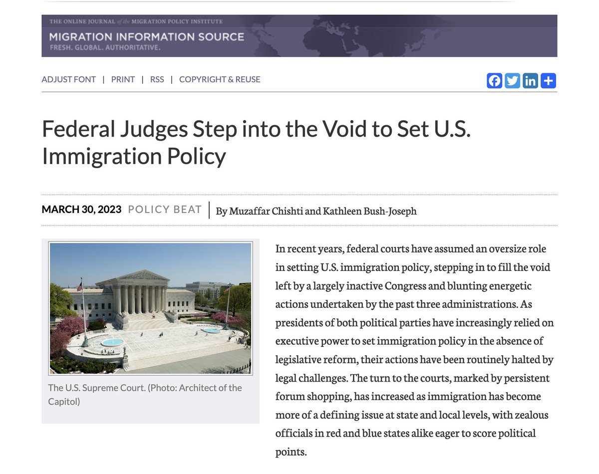 If SCOTUS limits lower courts' use of nationwide injunctions tomorrow, that could disproportionately impact immigration policy, which is largely driven by executive actions due to congressional inaction

So I'm resharing my piece on judges setting immigration policy