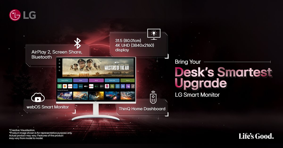 LGIndia's tweet photo. Elevate your workspace with the LG Smart Monitor! From 4K UHD visuals to the convenience of webOS, it's more than just a monitor, it's your command center.
To know more on #LGSmartMonitor, click here - https://t.co/3r5MZQHlex
#LG #LGIndia #LifesGood #WorkLifeBalance https://t.co/KARU8BqmvW