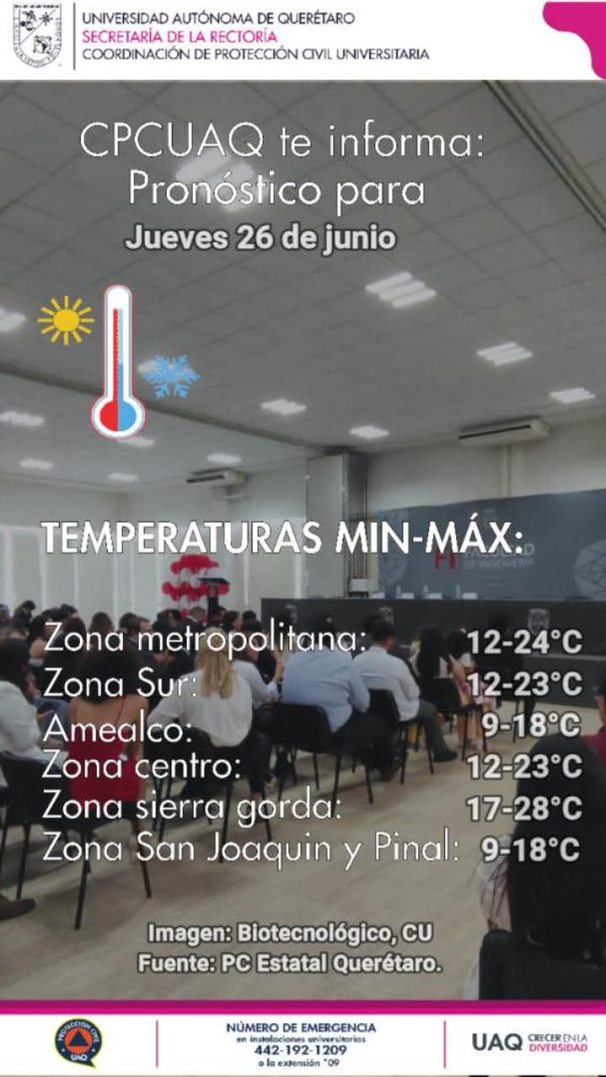 cpcuaq's tweet photo. 📝Pronóstico para jueves 26 de junio: 

🌬️Vientos ligeros a moderados Max 25Km/h,

🌥️ cielos parcialmente cubiertos. 
🔵Pronóstico de lluvias ligeras dispersas en el Estado🌧️

📝Fuente: PC Estatal Querétaro
#CrecerEnLaDiversidad
#CuidémonosEnComunidad @UAQmx @TvUAQ https://t.co/AJ4N14cLyA