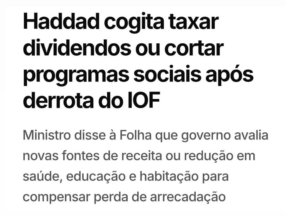 IOF não deu certo.

Hora de voltar a usar a carta de taxar Dividendos.

A mensagem do congresso não foi clara o suficiente?