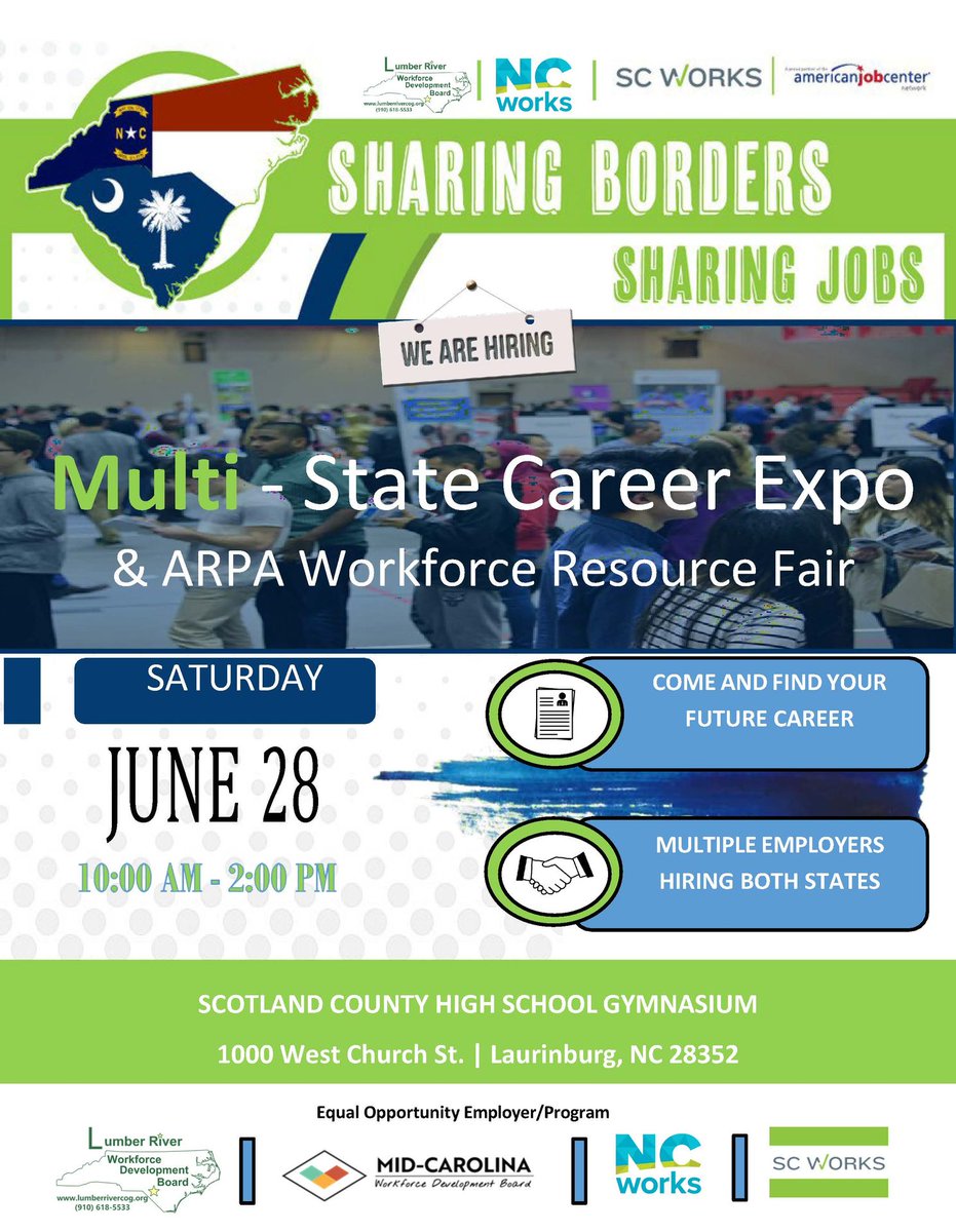 ncworkforce's tweet image. Thanks to our South Carolina partners for working with us to bring jobseekers and employers from both sides of the state line together on Sat., June 28, from 10am-2pm!   Address: 1000 West Church Street, Laurinburg, NC 
#NCWorks #SCWorks #JobFair