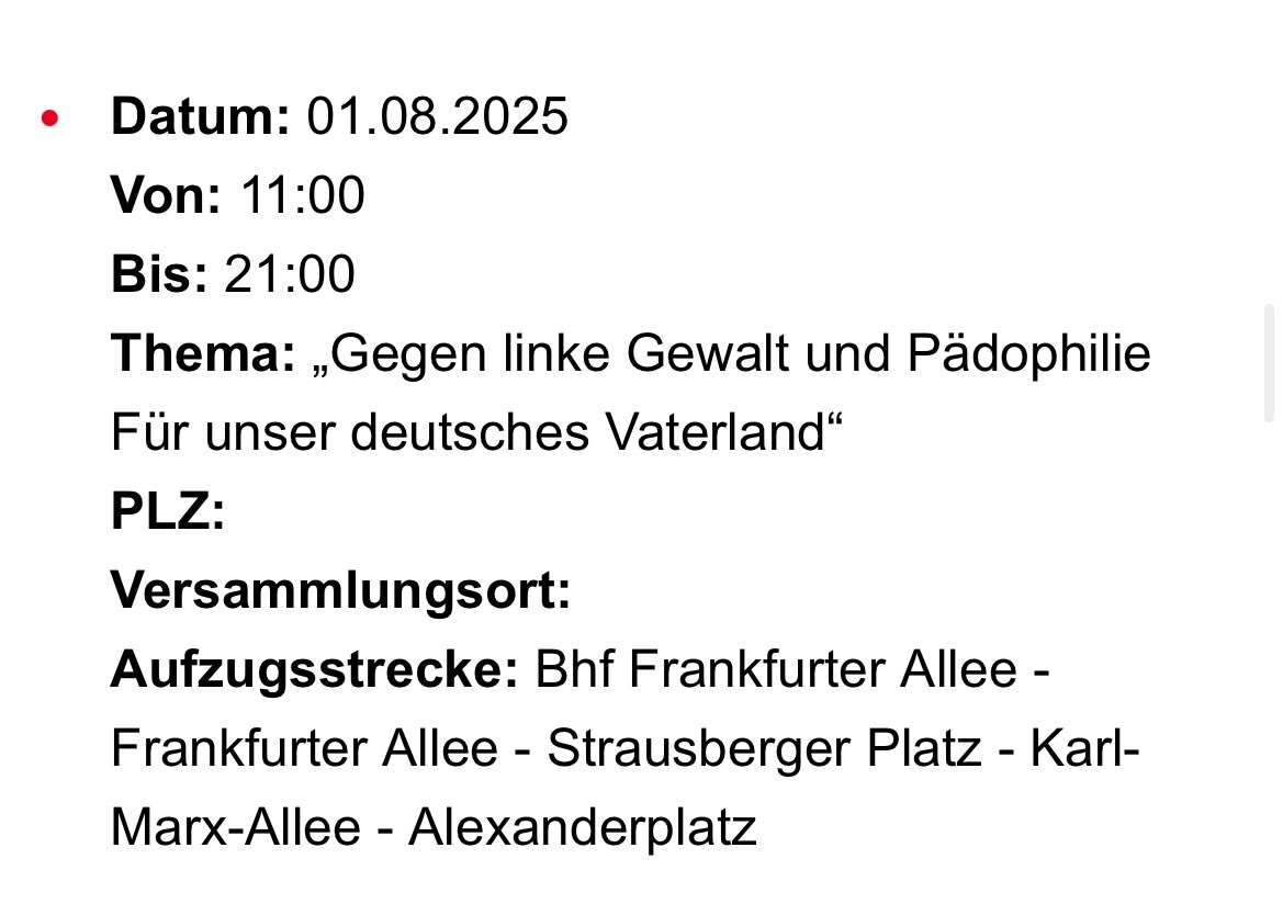 🔴 Anti-Queere Nazi-Demo in #Friedrichshain | 01.08. 🔴

Zusätzlich zur Rechtsradikalen Demo diesen Samstag soll es am 01.08. in Friedrichshain eine Anti-Queere und Anti-Linke Demo von Nazis geben. #b0108