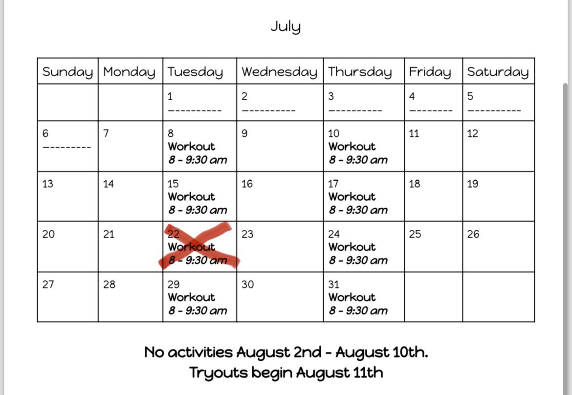 Updated workout schedule for July. Enjoy your week off. We’ll see you July 8th!